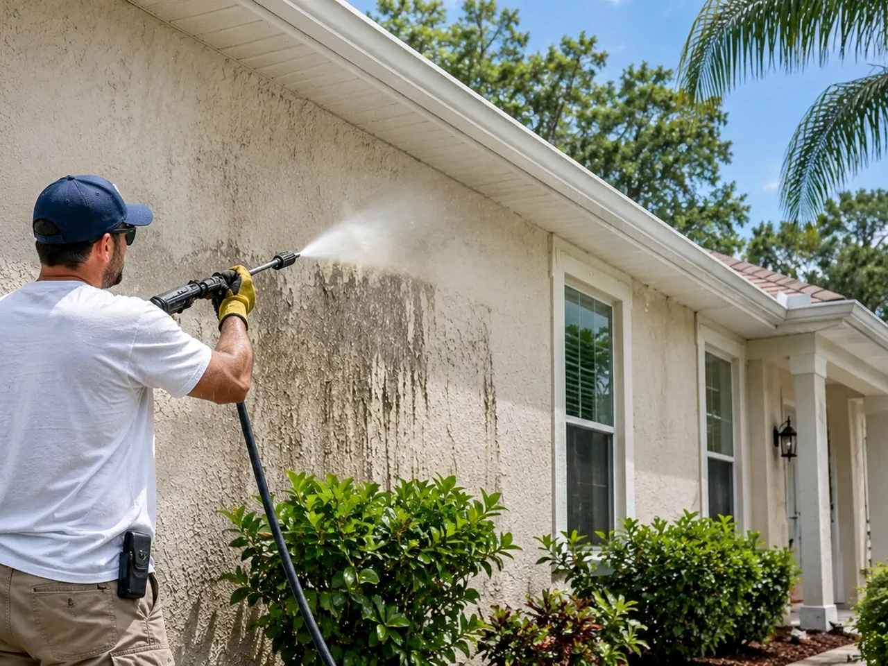 Pressure washing a home before exterior painting