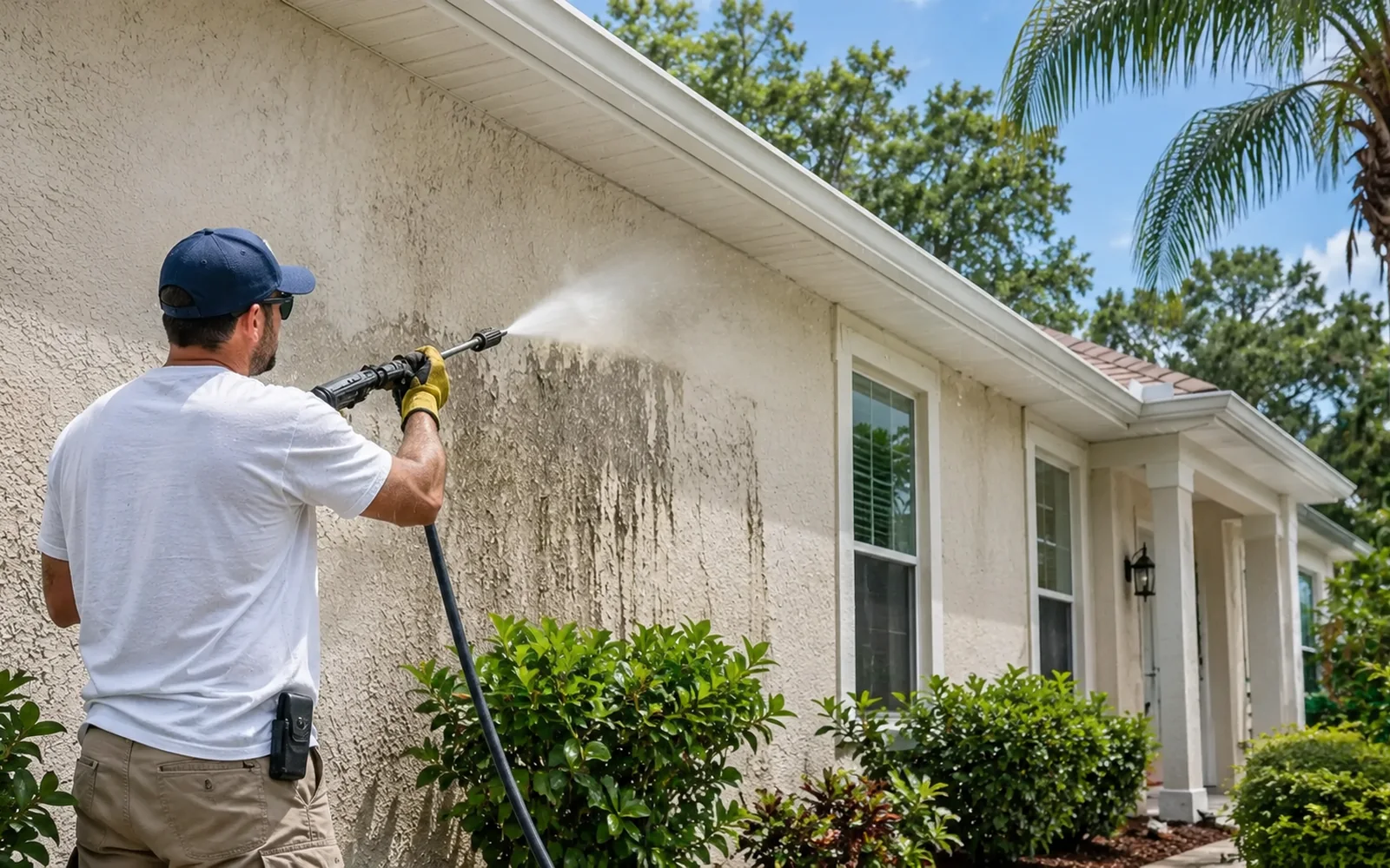 Worker pressure washing a Florida stucco home before paint